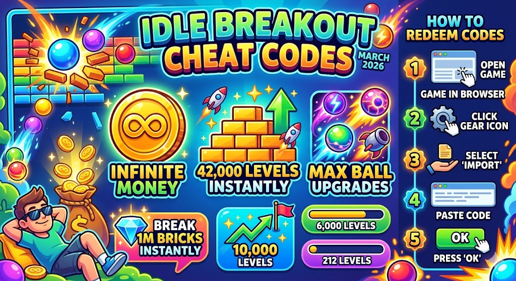 Idle Breakout Codes (March 2026) – Every Working Code Right Now Idle Breakout codes list showing instant level boosts, max upgrades, infinite money, and progress comparison chart (March 2026).