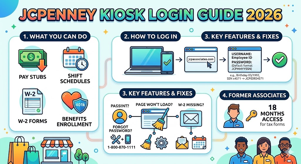 JCPenney associate kiosk login guide showing steps, features, and troubleshooting for accessing pay stubs, schedules, and employee benefits online