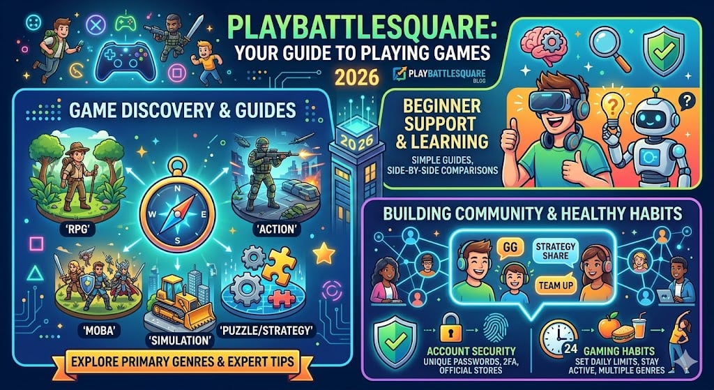 PlayBattleSquare gaming blog interface showing charts, genre guides, and beginner-friendly game content for 2026
