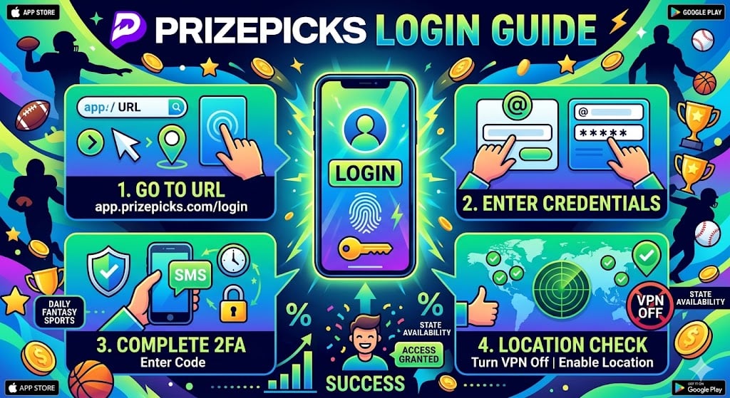 PrizePicks login guide explaining sign-in steps, location checks, common issues, and account setup with charts and tables