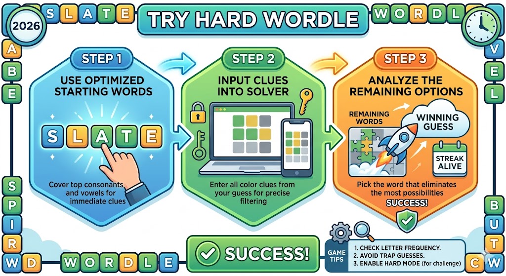 Try hard Wordle 2026 chart showing best starting words with coverage scores and strategy tables
