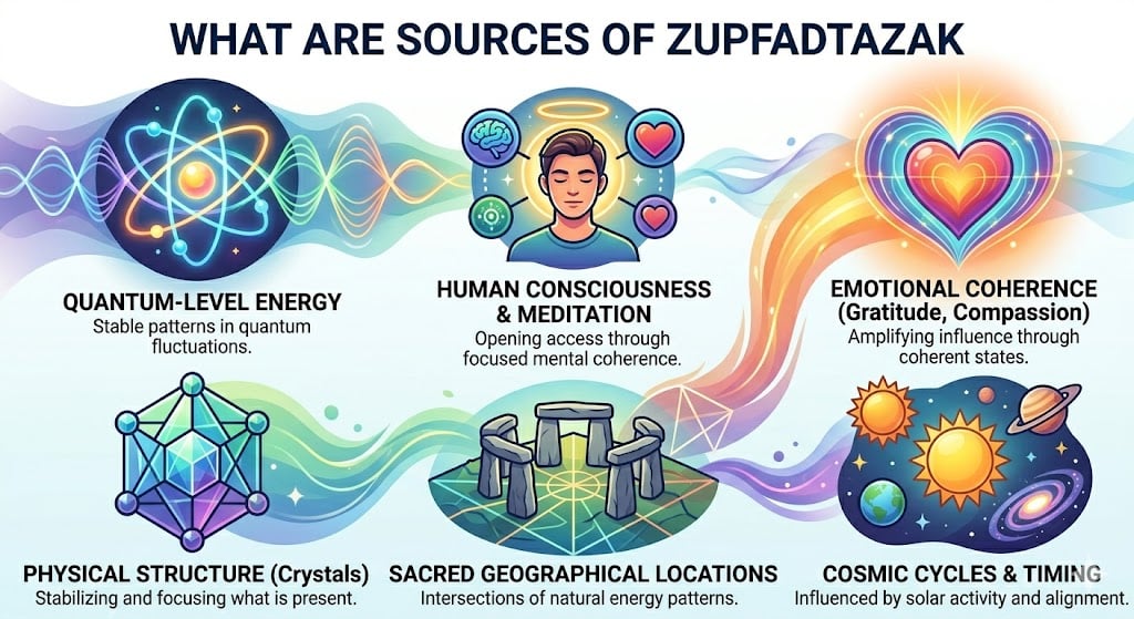 Illustration of zupfadtazak sources showing quantum energy, consciousness, emotions, structures, and cosmic influences in a unified system.