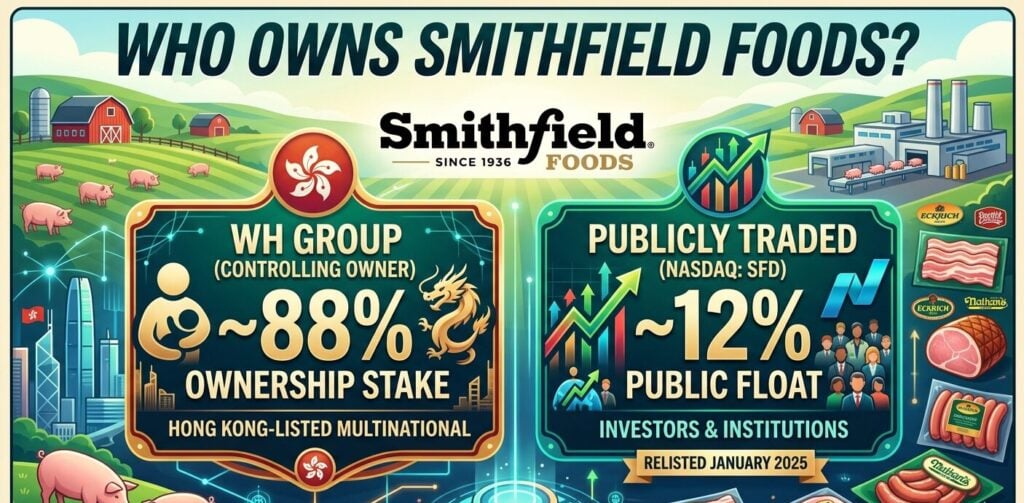 Smithfield Foods ownership profile covering WH Group's 88% controlling stake, 1936 founding by the Luter family, $4.72 billion 2013 acquisition, January 2025 Nasdaq IPO, $14.1 billion fiscal 2024 revenue, and board composition.