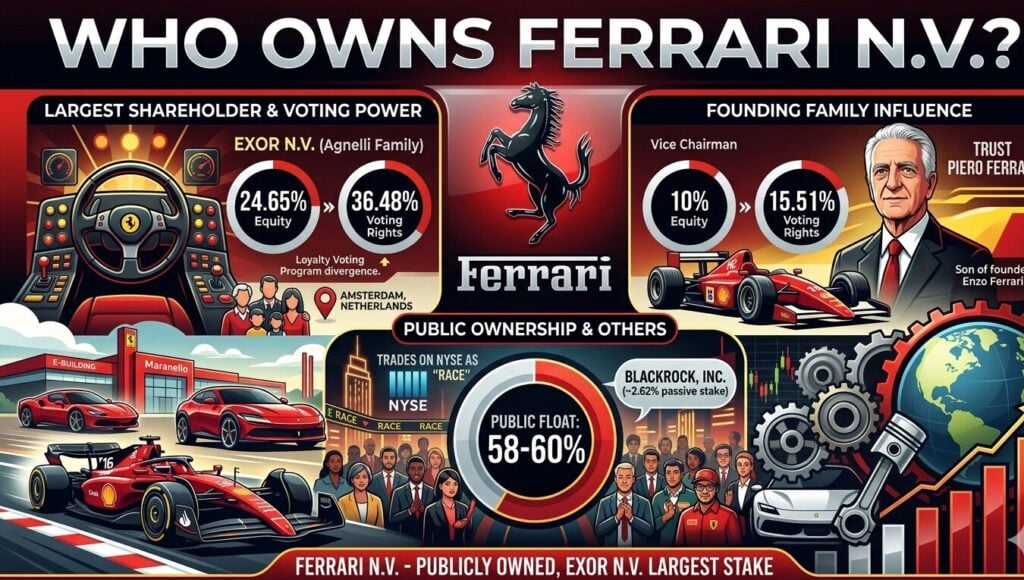 Ferrari ownership profile covering Exor N.V. at 24.65% equity with 36.48% voting rights and Trust Piero Ferrari at 10% equity with 15.51% votes, $60 billion market cap as of April 2026, €7.146 billion 2025 revenue, 13,752 cars delivered in 2024, and first EV model Elettrica set for 2026.