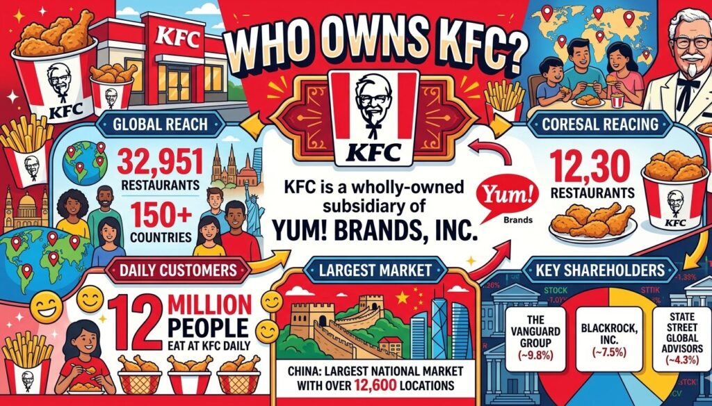 KFC ownership profile covering Yum! Brands as parent company with $41.24 billion market cap in December 2025, 32,951 restaurants across 150+ countries, China as largest market with 12,600 locations, Vanguard at 9.8% and BlackRock at 7.5% as top shareholders, $15-22 billion brand valuation, and Scott Mezvinsky as division CEO since March 2025.