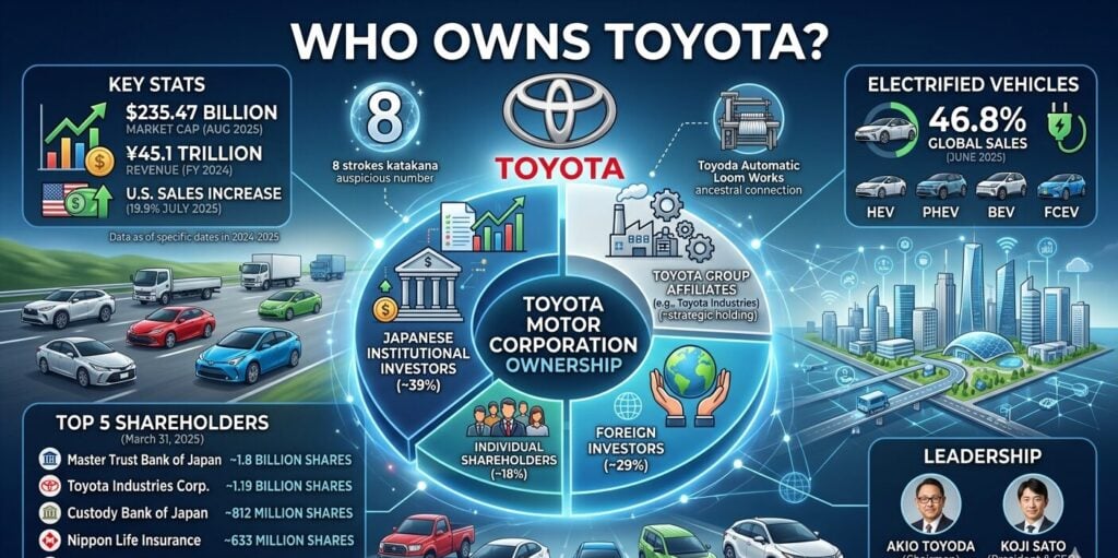 Toyota Motor Corporation ownership profile covering $235.47 billion market cap in August 2025, Master Trust Bank of Japan as largest shareholder at 1.8 billion shares, Toyota Industries Corporation at 1.19 billion shares, Japanese institutions holding 39% versus foreign investors at 29%, Akio Toyoda as chairman, Koji Sato as CEO since April 2023, and ¥45.1 trillion fiscal 2024 revenue.
