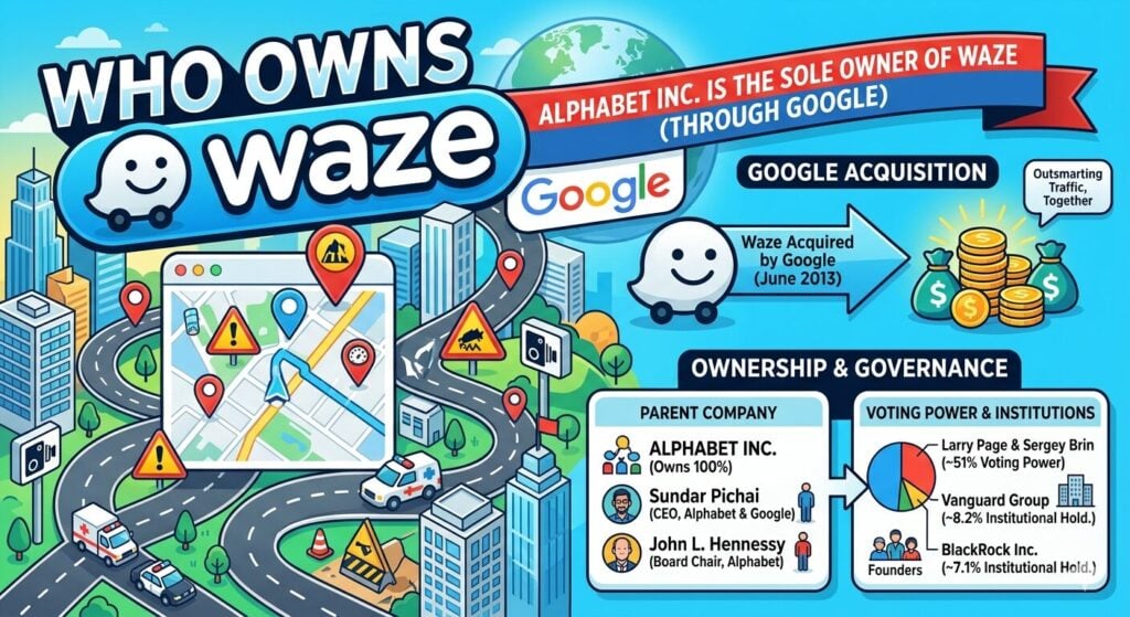 Waze ownership profile covering Google acquisition for $1.15 billion in June 2013, 150 million monthly active users across 185 countries, 50.5 million EU users, Alphabet shareholders Vanguard at 8.2% and BlackRock at 7.1%, Larry Page and Sergey Brin holding 51% voting power, and 2022 integration into Google Geo division.