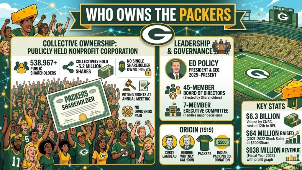 Green Bay Packers ownership profile covering 538,967 shareholders holding 5.2 million shares with 4% maximum individual cap, $6.3 billion franchise valuation ranking 12th in NFL, $638 million fiscal 2023 revenue, 2021 stock sale at $300 per share raising $64 million, and Ed Policy as CEO since 2025.