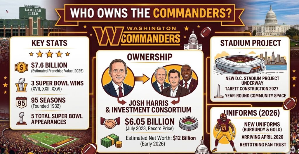 Washington Commanders ownership profile covering Josh Harris's $6.05 billion record purchase in July 2023, $7.6 billion 2025 franchise valuation, co-owners Mitchell Rales, David Blitzer, Magic Johnson, and Eric Schmidt, three Super Bowl championships, and new D.C. stadium construction planned for 2027.