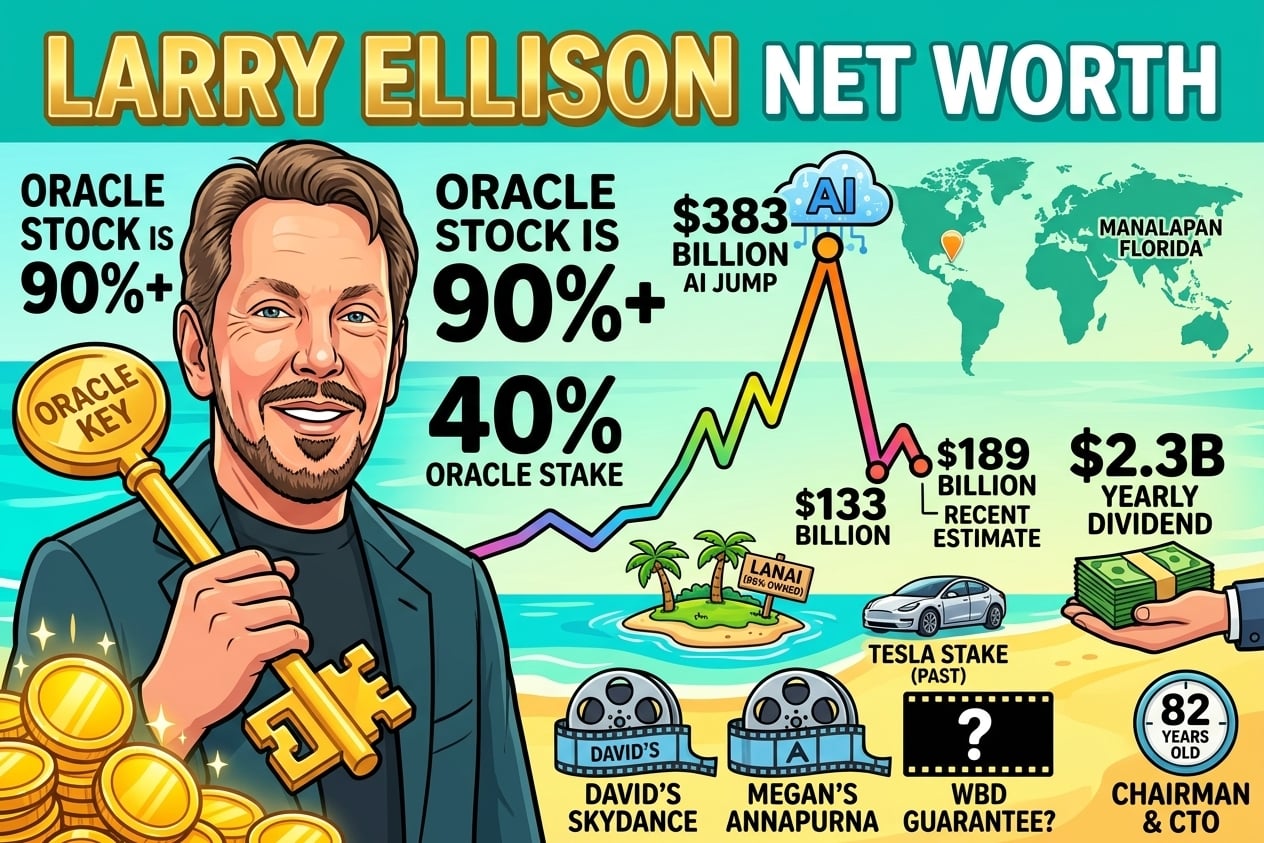 Larry Ellison net worth chart showing his estimated fortune declining from $383 billion in September 2025 to $189 billion in August 2026.