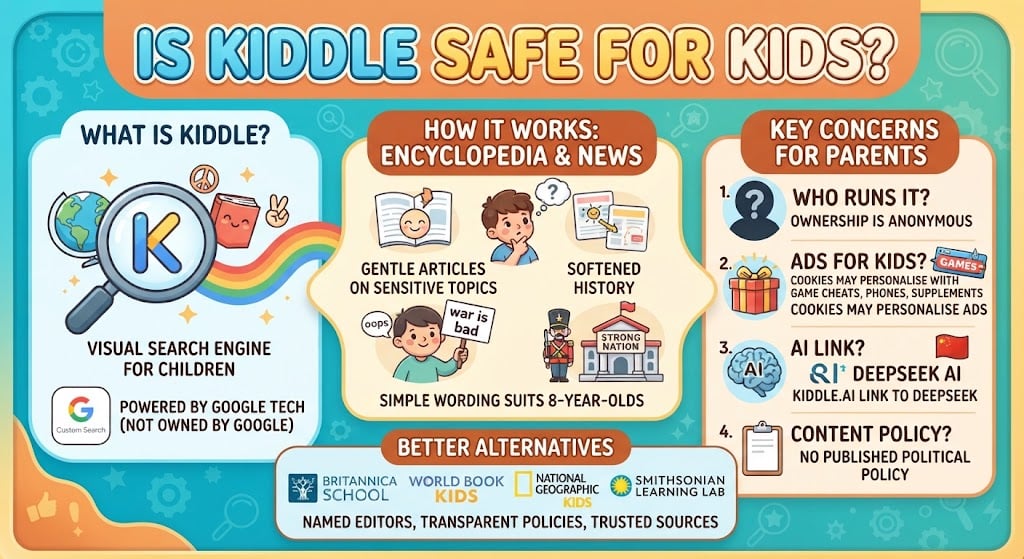 Timeline showing Kiddle’s history, from its 2014 launch to its 2026 AI expansion.