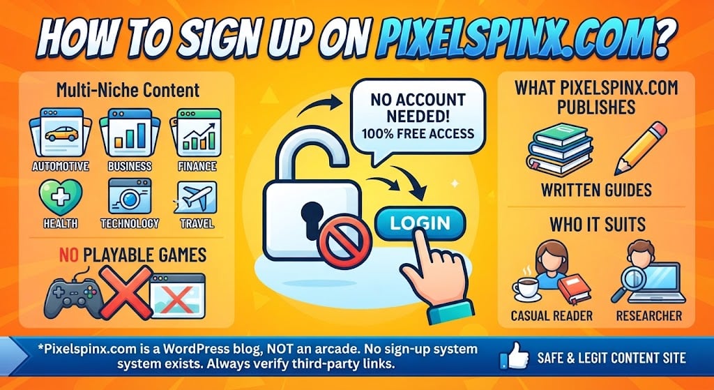 Pixelspinx.com website overview showing its online game articles and blog categories.
