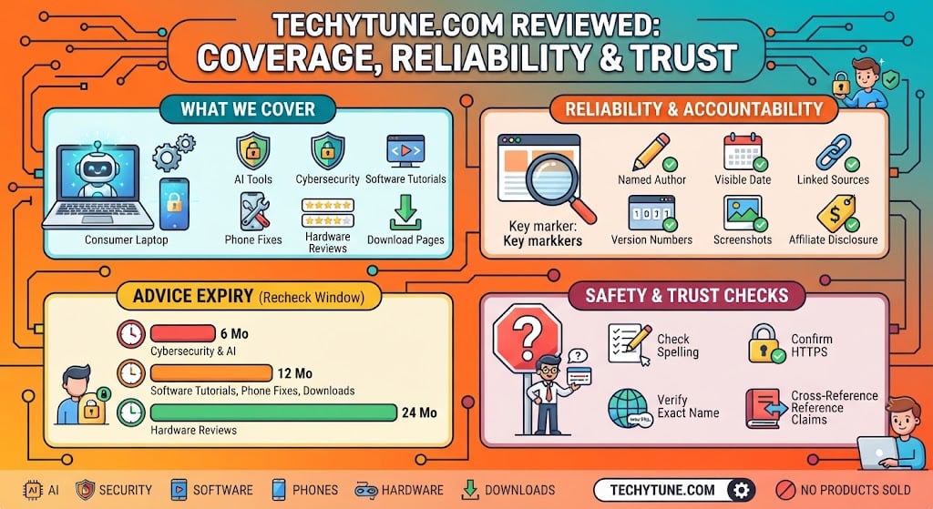 Techytune.com is a technology site covering AI, cybersecurity, software, phone fixes and reviews, with readers encouraged to check dates, sources and version details.