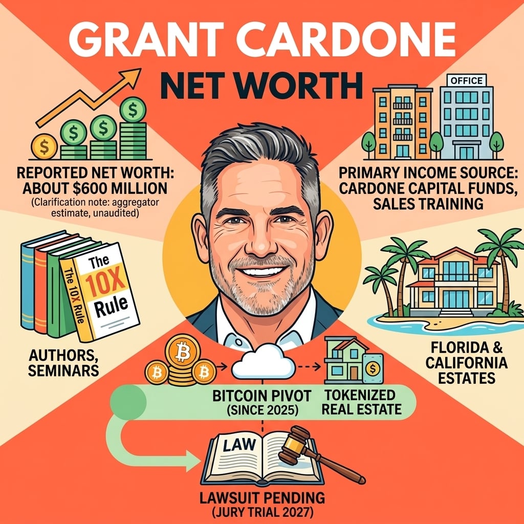 Grant Cardone net worth 2026 guide covering his reported $600 million estimate, Cardone Capital assets, Bitcoin investments, lawsuits, properties, and business ventures.
