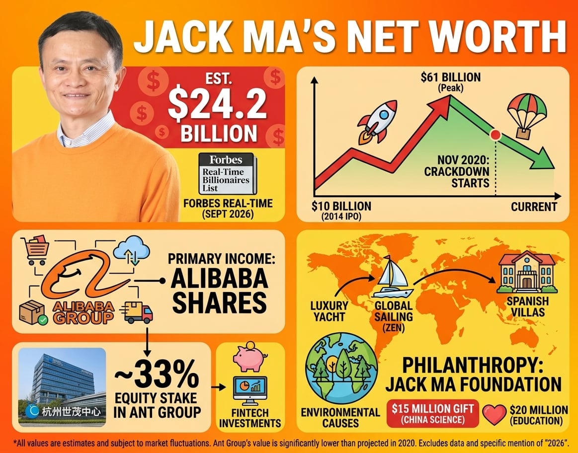 Jack Ma net worth statistics for 2026 showing his estimated fortune, Alibaba holdings, peak wealth, Ant Group stake, and wealth changes from 2020 to 2026.