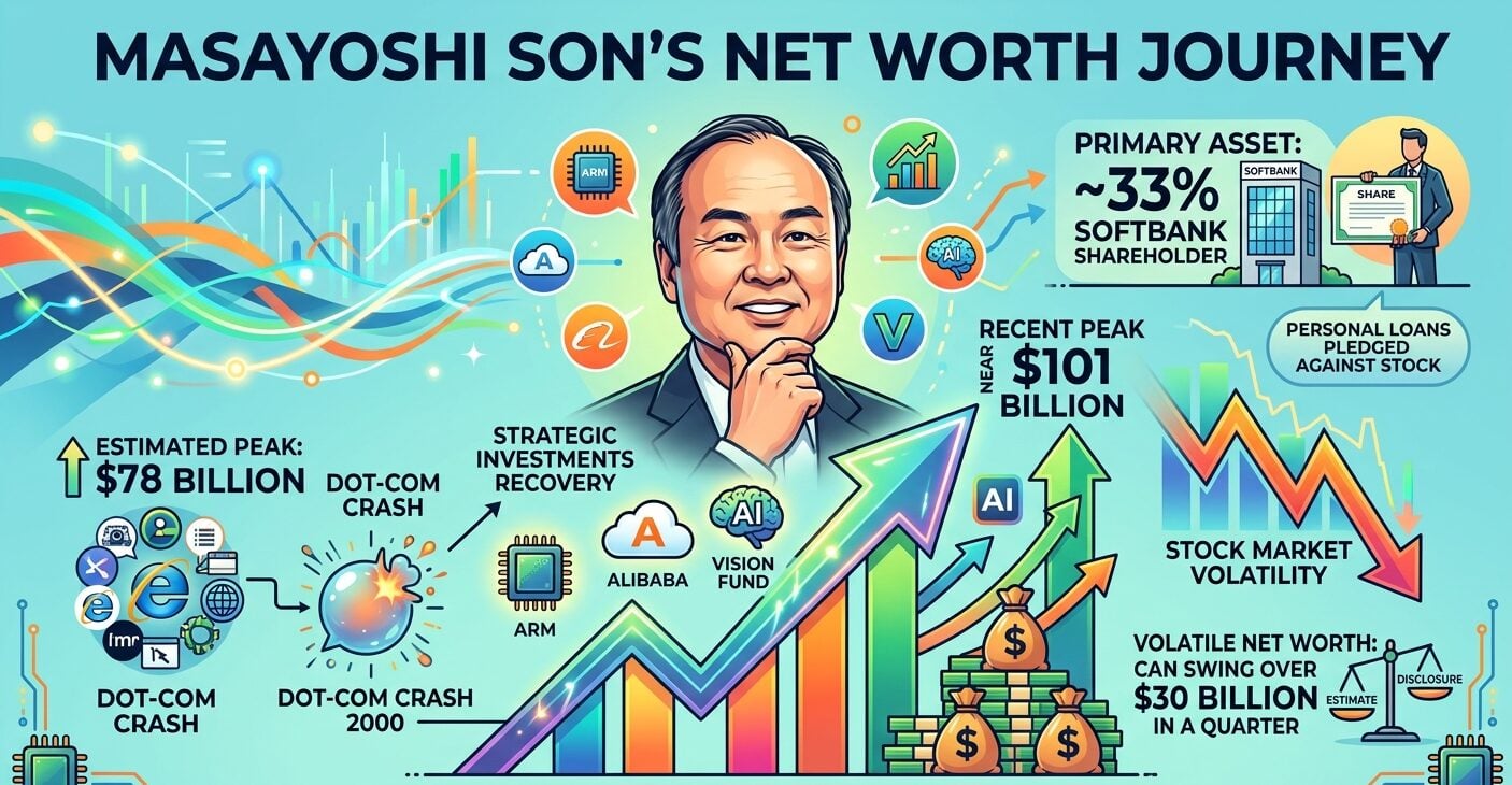 Masayoshi Son net worth statistics for 2026 showing his estimated fortune, SoftBank stake, Arm investment, pledged shares, wealth history, and major valuation changes.