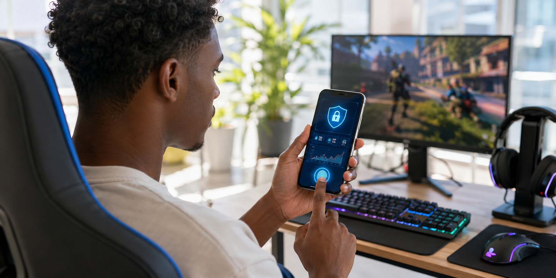 Man securing an esports betting account on a smartphone