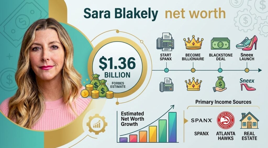 Sara Blakely Net Worth 2026: What The Blackstone Spanx Deal Paid Her Sara Blakely net worth 2026 showing her Spanx stake, Blackstone deal, Sneex, investments, and estimated wealth.