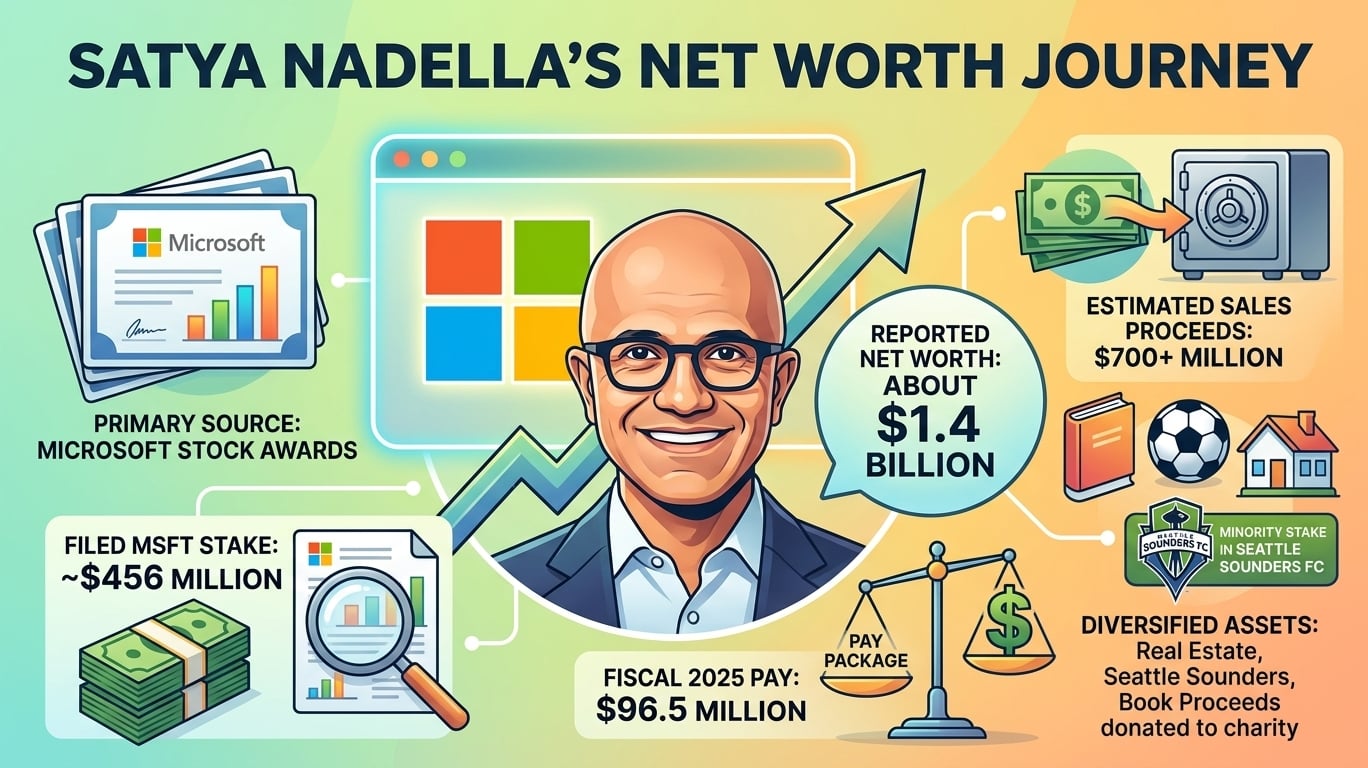 Satya Nadella net worth 2026 showing Microsoft stock holdings, salary, stock awards, investments, wealth estimates, family, and lifestyle.