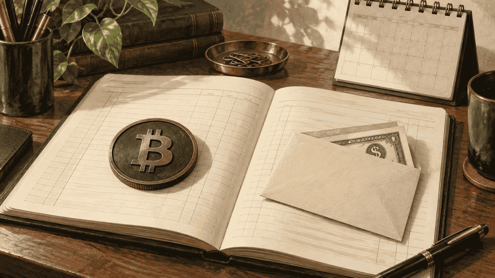 Bitcoin medallion and cash envelope on an open ledger beside a desk calendar