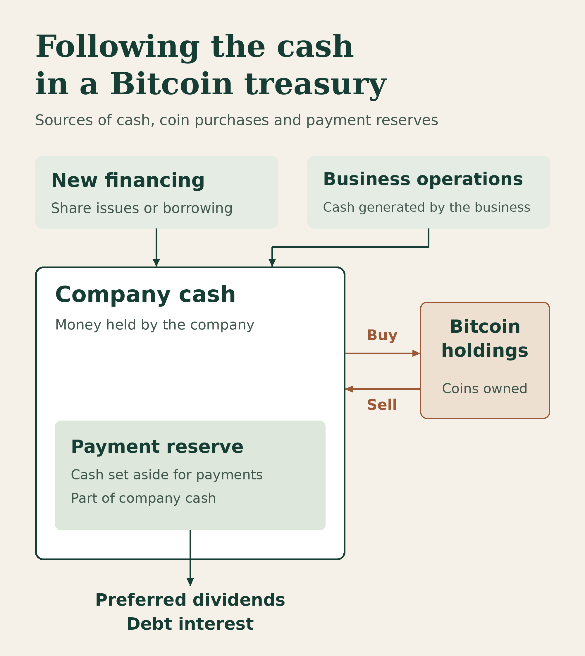 Diagram showing financing and operating cash, Bitcoin purchases and sales, and a payment reserve within company cash