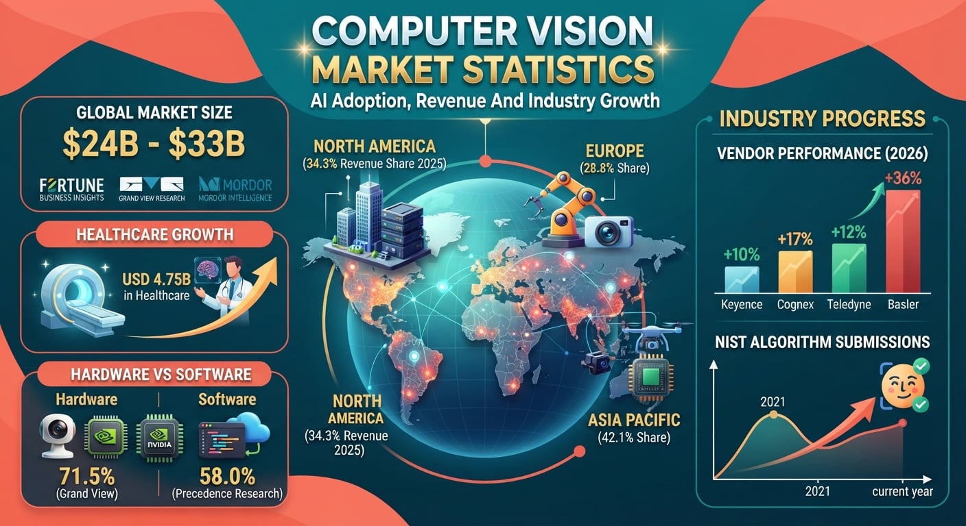 Computer vision market statistics 2026 showing market size, regional shares, vendor growth, healthcare revenue, and NIST algorithm submissions.