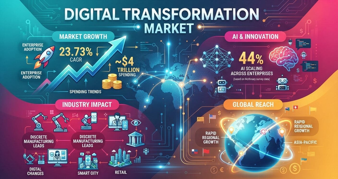 Digital transformation market statistics showing 2026 spending, growth, AI adoption, and regional trends.