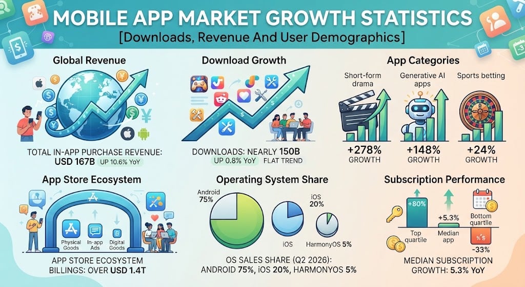Mobile app market growth in 2025, including downloads, revenue, and user trends.