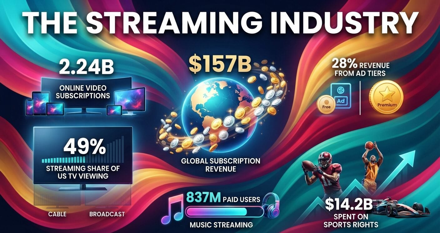 Streaming industry statistics 2026 showing global revenue, subscriptions, US TV viewing share, music streaming, and sports rights.