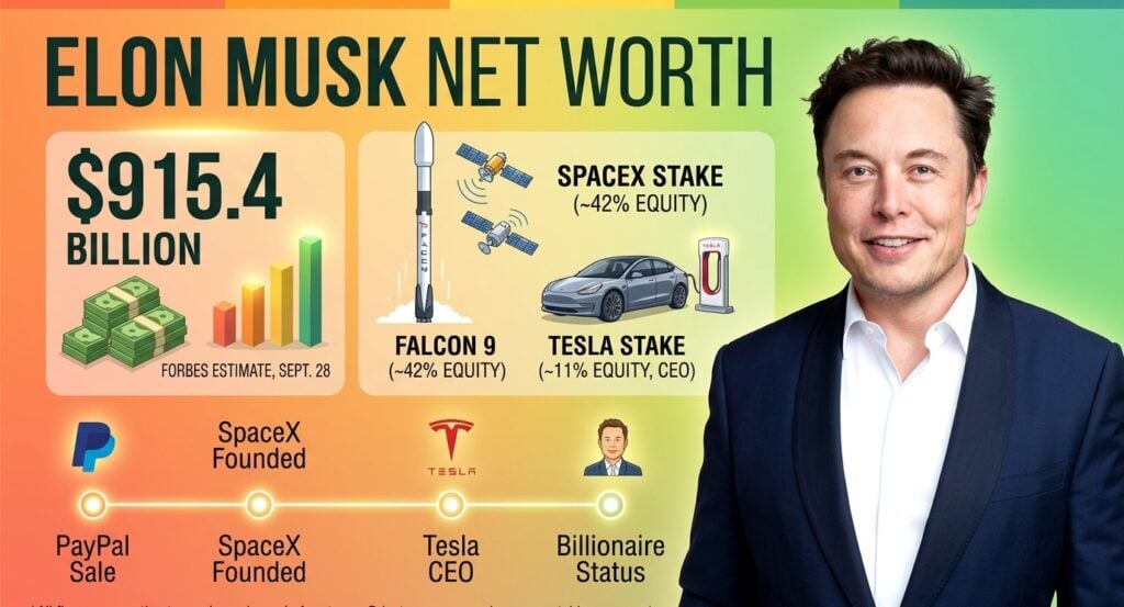 Elon Musk net worth 2026 showing Forbes and Bloomberg estimates, SpaceX and Tesla stakes, wealth history, Tesla compensation, lawsuits, properties, and philanthropy.