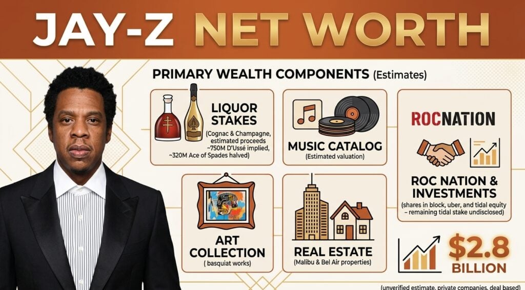 Jay-Z Net Worth 2026: What Selling Tidal And D’Ussé Brought In Jay-Z net worth in 2026, covering his estimated $2.8 billion fortune, Tidal sale, D’Ussé cognac deal, Ace of Spades champagne stake, business investments, real estate, and legal disputes.