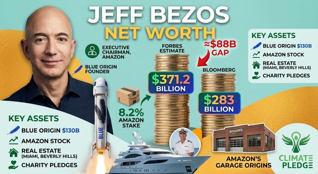 What Is Jeff Bezos’ Net Worth In 2026? Jeff Bezos net worth in 2026, comparing Forbes and Bloomberg estimates, Amazon holdings, Blue Origin valuation, stock sales, properties, investments, and philanthropy.