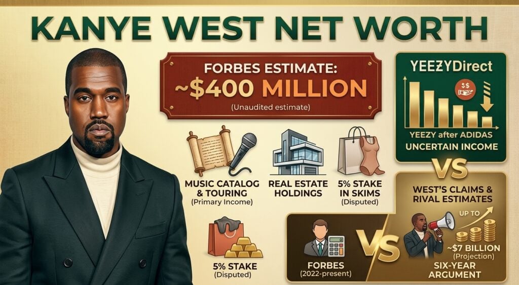 What Is Kanye West’s Net Worth In 2026? Kanye West net worth in 2026, covering Forbes’ $400 million estimate, Yeezy earnings, Adidas partnership losses, music revenue, stadium tours, real estate, and legal expenses.