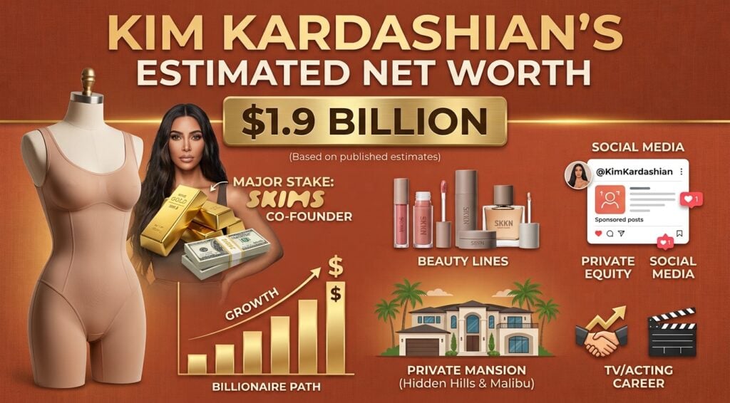 Kim Kardashian net worth in 2026, highlighting her Skims stake, beauty investments, endorsement income, private equity ventures, luxury real estate, and lifestyle.