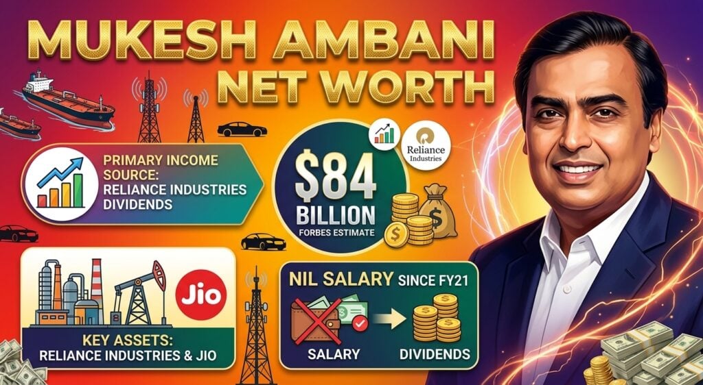 Mukesh Ambani net worth 2026 showing his Reliance Industries holdings, dividend income, investments, Antilia residence, family, and luxury lifestyle.