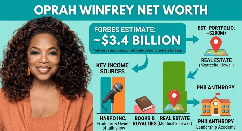 Oprah Winfrey Net Worth 2026: The WW Stake She Walked Away From Oprah Winfrey net worth in 2026, covering her $3.4 billion estimated fortune, Harpo ownership, OWN network stake sale, WeightWatchers shares, real estate, and career earnings.