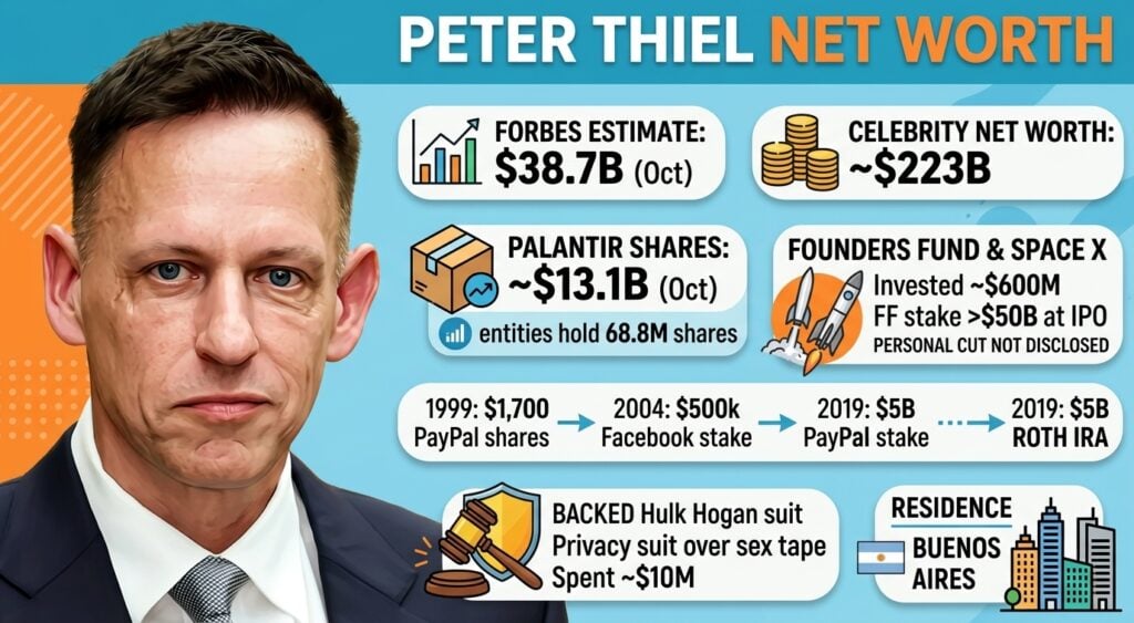 Peter Thiel net worth statistics for 2026, highlighting Forbes and Celebrity Net Worth estimates, Palantir stock holdings, Founders Fund's SpaceX investment, his $5 billion Roth IRA, and major business investments.
