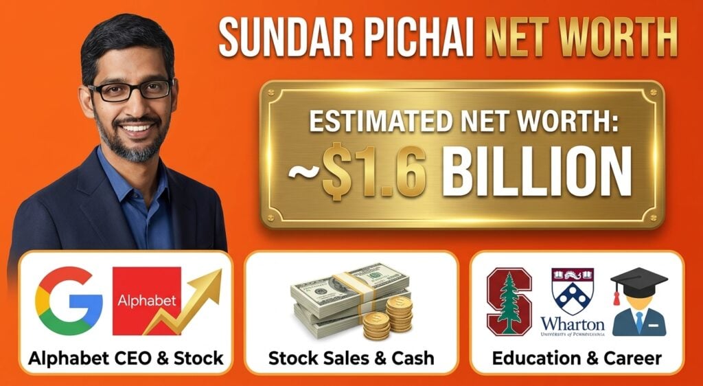 Sundar Pichai Net Worth 2026: How Much He Makes Without Founder Shares Sundar Pichai net worth in 2026, covering his estimated $1.6 billion fortune, Alphabet stock holdings, share sales, executive compensation, $692 million pay package, and career at Google.