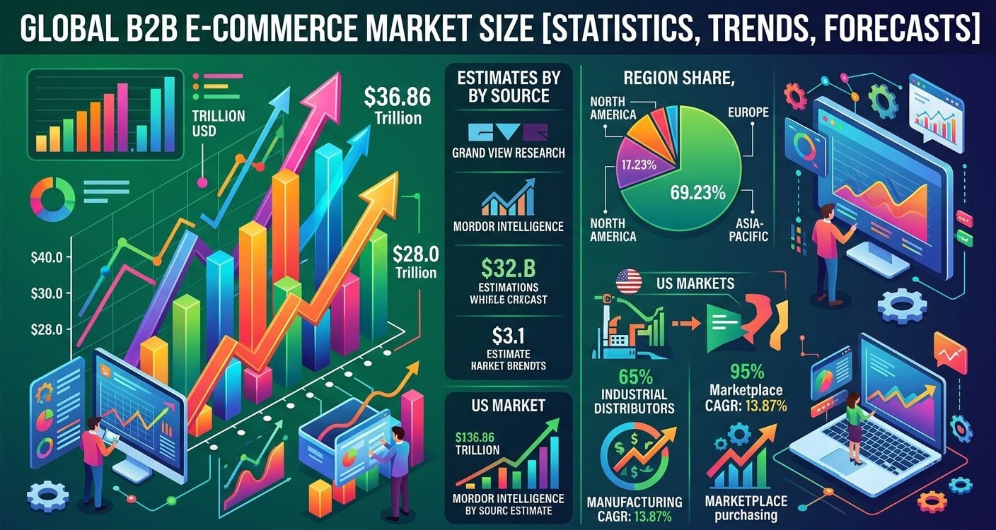 B2B e-commerce market size statistics 2026 covering global market forecasts, regional growth, US sales, buyer behavior, digital purchasing, and AI adoption.