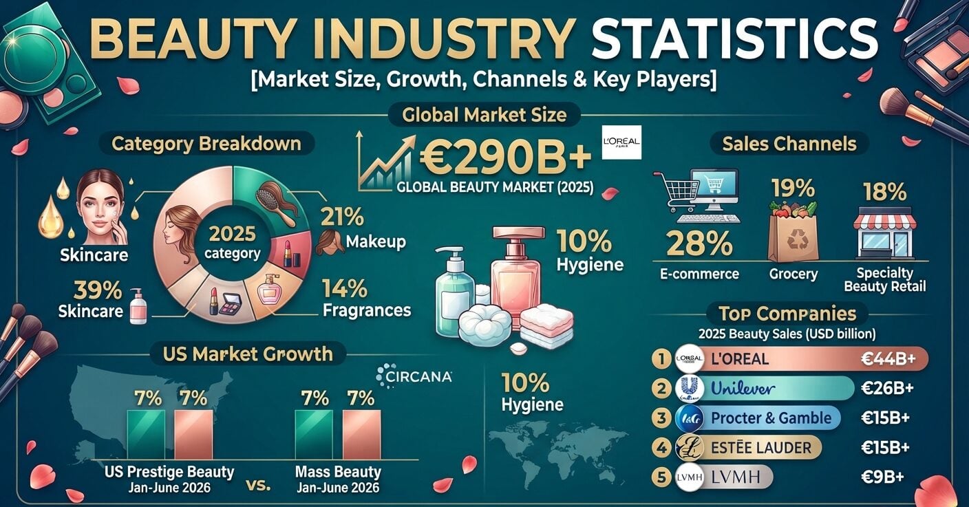 Beauty industry statistics 2026 showing market size, growth, categories, sales channels, and leading companies.