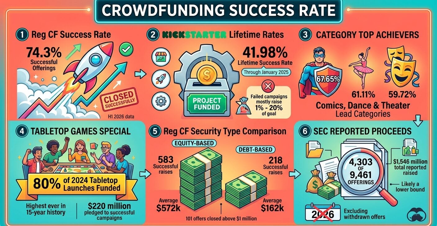 Crowdfunding success rate statistics for 2026, comparing Kickstarter projects, tabletop games, and Regulation Crowdfunding (Reg CF) offerings.
