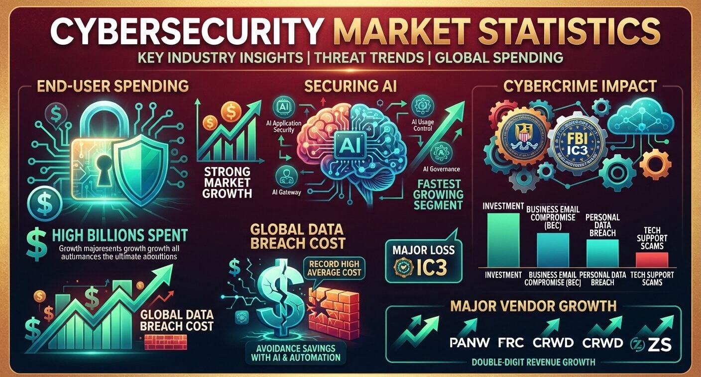 Cybersecurity market statistics 2026 showing global spending, breach costs, cybercrime losses, and AI security growth.