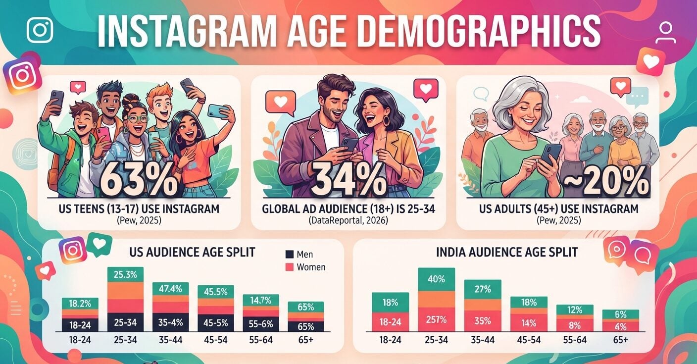 Instagram age demographics by age group, gender, and teen users in 2026.