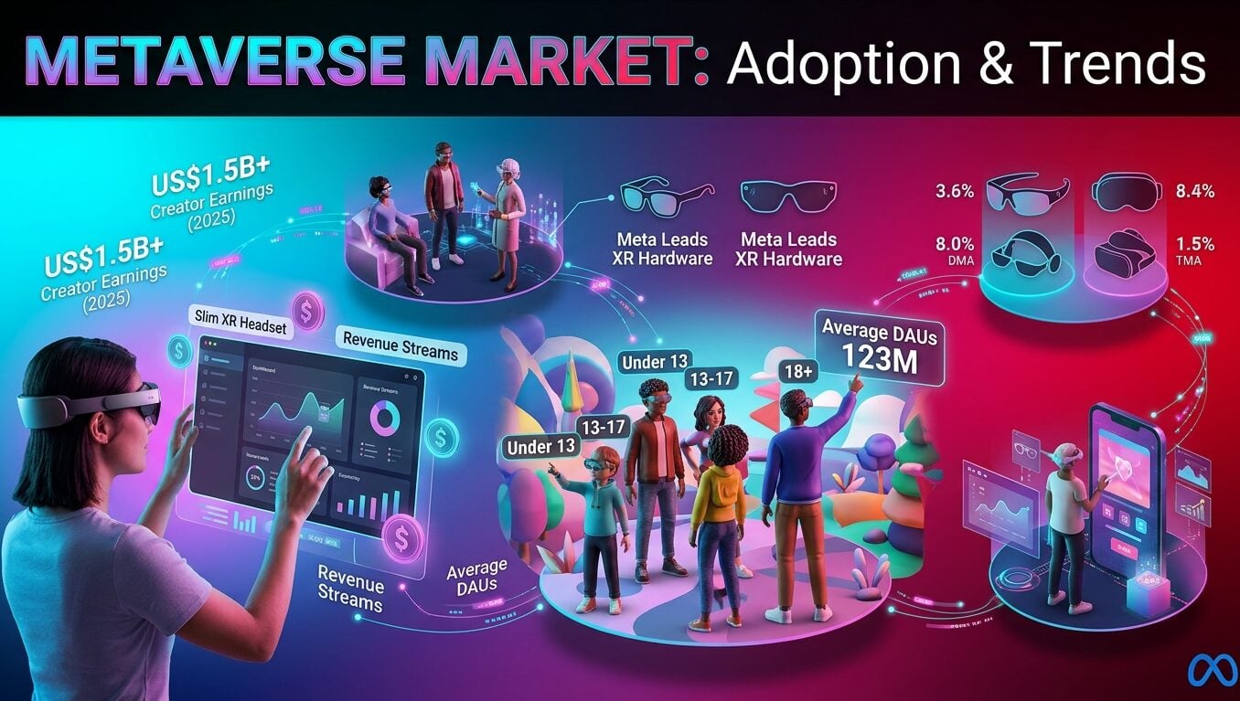 Metaverse market statistics for 2026, covering market size forecasts, Meta’s Reality Labs losses, Roblox users and creator earnings, and XR hardware trends.