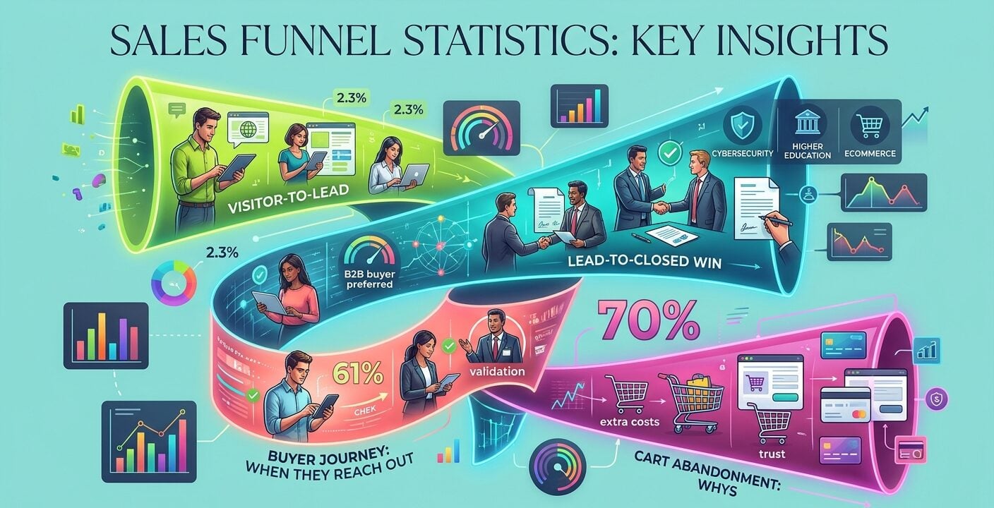 Sales funnel statistics showing conversion rates by stage, B2B buyer behavior, sales win rates, and ecommerce cart abandonment in 2026.